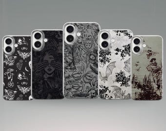 May include: Five phone cases with unique black and white designs. The cases feature various gothic and occult-themed illustrations, including bats, moths, and floral patterns. Each case has a different design, offering a variety of aesthetic choices.