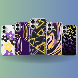May include: Five phone cases with unique designs. The cases feature various patterns, including flowers, abstract shapes, and geometric designs. Colors include white, purple, yellow, black, and neon yellow. The cases are arranged in a row against a gradient background.
