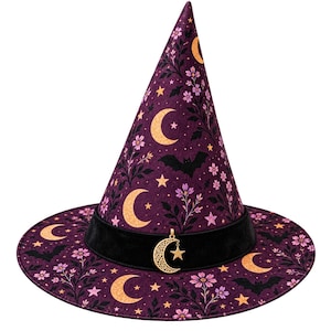 May include: A pointed purple hat featuring a pattern of gold crescent moons, small stars, black bats, and pink flowers. A black velvet band encircles the base, adorned with a gold-toned metal charm shaped like a crescent moon and a star.