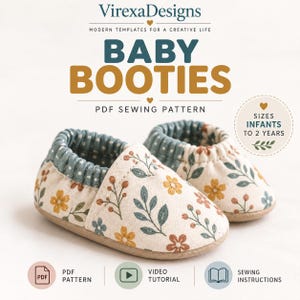 May include: A pair of baby booties featuring a cream fabric with a floral pattern of yellow and blue flowers and green leaves. The booties have a blue and white polka dot trim. Text reads VirexaDesigns Baby Booties PDF Sewing Pattern.