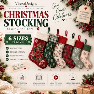 Peut inclure: Un patron de couture numérique pour six chaussettes de Noël allant de la taille XS à XXL. L'image présente six chaussettes finies avec divers motifs festifs, incluant des poinsettias, des sapins, du houx et des carreaux, avec des icônes PDF.