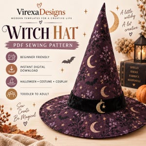6 Size Witch Hat PDF Sewing Pattern, DIY Halloween costume, Instant PDF Download, printable wizard hat pattern for adults and kids