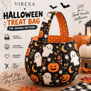 Könnte beinhalten: Eine Halloween-Leckerli-Tasche aus Stoff mit schwarzem Hintergrund und einem Muster aus weißen Geistern, orangefarbenen Kürbissen, gelben Mondsicheln und weißen Blumen. Die Tasche hat eine runde Form, einen stabilen Henkel und ein orangefarbenes Innenfutter mit Punkten.