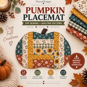 May include: A pumpkin-shaped quilted placemat sewing pattern by VirexaDesigns. The design features a patchwork of floral, sunflower, and gingham fabrics in autumn colors like mustard, teal, and rust. Includes PDF instructions and video tutorial.