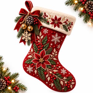 May include: A red Christmas stocking featuring an embroidered poinsettia, green leaves, and white snowflakes. The top cuff is white and textured. A red velvet bow with two gold jingle bells, a pinecone, and a snowflake ornament hangs from the top.