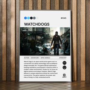 May include: A framed poster for the video game "Watch Dogs" featuring a central image of a character in a leather jacket in a city setting. The poster includes the game's title, genre, and a brief description, along with the Ubisoft logo.