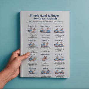 Puede incluir: Un libro titulado "Simple Hand & Finger Exercises for Arthritis" con ilustraciones de ejercicios para las manos. El libro está sostenido por una mano sobre un fondo azul. Los ejercicios están diseñados para mejorar la flexibilidad de la mano y reducir la rigidez.