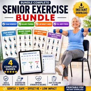 Puede incluir: Un paquete de ejercicios para personas mayores con cuatro guías imprimibles para ejercicios en silla, equilibrio, cardio de bajo impacto y fitness corporal. Incluye un plan semanal, un rastreador de progreso y etiquetas de texto.