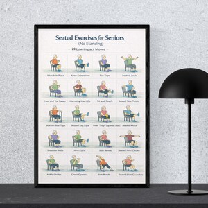 Puede incluir: Un póster enmarcado titulado "Ejercicios sentados para personas mayores" con ilustraciones de 20 ejercicios de bajo impacto. El póster está en un marco negro y se muestra sobre una superficie oscura junto a una lámpara negra.