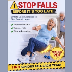 Puede incluir: Cartel con el texto "STOP FALLS BEFORE IT'S TOO LATE". Muestra a una anciana cayendo, con un anciano en el fondo. El cartel promueve ejercicios para mejorar el equilibrio, prevenir caídas y mantenerse independiente. Una mancuerna está en el suelo.