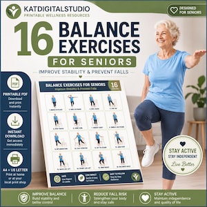 Balance Exercises for Seniors | Fall Prevention Printable PDF | 16 Low Impact Exercises | Senior Fitness Poster | Instant Download