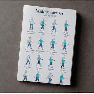 Puede incluir: Un folleto blanco titulado "Ejercicios de marcha para personas mayores" con ilustraciones de ejercicios de marcha. Los ejercicios incluyen Marcha en el lugar, Marcha de talón, Marcha de puntillas, Pasos laterales, Marcha atrás, Marcha de rodillas altas.