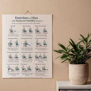 Puede incluir: Un póster titulado "Ejercicios para caderas con movilidad reducida (Personas mayores)" cuelga de una pared. El póster muestra ejercicios ilustrados para la movilidad de la cadera. Una planta en maceta se encuentra sobre una superficie blanca.