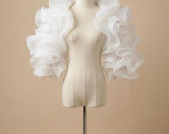 Bolero de organza com babados, casaquinho multifuncional para casamento, xale de tule com mangas bufantes
