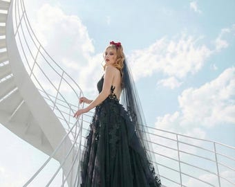 black wedding dress gothic lace bridal gown Train