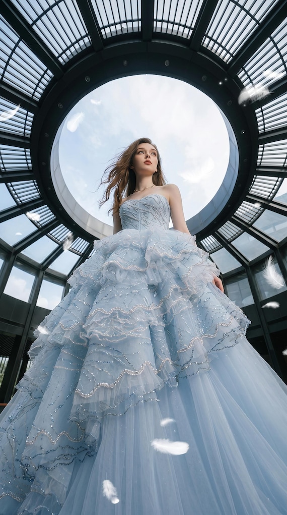 dusty blue tiered dress Ruffle Ball Gown | Strapless Sequin Bridal airy skirt back to school Solitaire Style D22016 Sweetheart Color:INSIGNIA BLUE