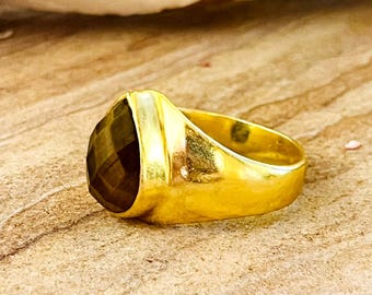 Boho Tribal Tiger Eye Ring, Chunky Brass Signet Ring, 18K Gold Plated Womens Ring