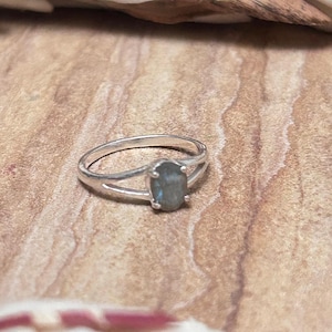 May include: A silver ring with a split band design, featuring an oval-shaped, iridescent blue-green gemstone. The ring is set against a wooden surface with decorative dried plant elements.