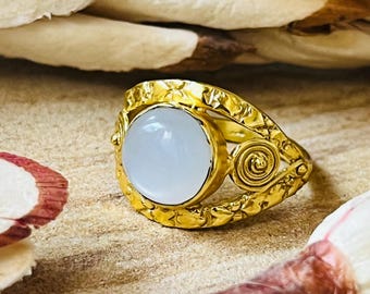 Boho Tribal Chalcedony Ring, 18k Gold Plated Brass Ring, Filigree Spiral Womens Ring