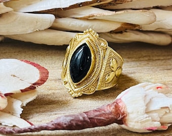 Tribal Onyx Statement Ring | Ornate Boho Brass Womens Ring | 18k Gold Plated Marquise Ring