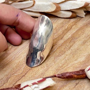 May include: A polished silver ring with a smooth, elongated design. The ring's surface reflects light, creating a bright, metallic appearance. The ring is held by a hand, showcasing its size and shape. The background features natural elements.