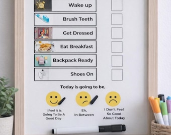 Puede incluir: Un cuadro enmarcado de rutina diaria con el título "My Daily Routine". El cuadro incluye secciones para despertarse, cepillarse los dientes, vestirse, desayunar, mochila lista y zapatos puestos. También tiene una sección para el estado de ánimo.