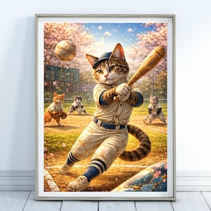 May include: A framed print depicts a baseball game with anthropomorphic cats. A tabby cat in a baseball uniform swings a bat, with a baseball in the air. Other cats in uniforms are in the field. The background shows a baseball field and cherry blossoms.