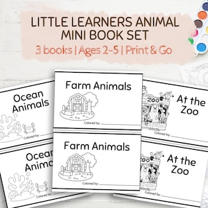 Puede incluir: Un conjunto de tres mini libros para colorear para niños, con los títulos "Animales del océano", "Animales de granja" y "En el zoológico". Los libros son dibujos lineales en blanco y negro, con el texto "Little Learners Animal Mini Book Set" en la parte superior.
