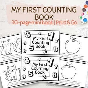May include: A children's counting book with the title "My First Counting Book" and the text "30-page mini book | Print & Go." The book features numbers and illustrations of cats and apples.