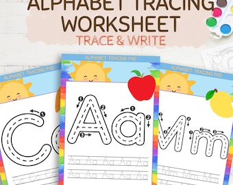 Pagine di ricalco dell'alfabeto per la scuola materna - Lettere maiuscole e minuscole, Esercizi di scrittura a mano per bambini / Impara a scrivere, Ricalco dell'alfabeto stampabile per bambini in età prescolare