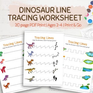 Könnte beinhalten: Drei weiße Arbeitsblätter mit Dinosaurier-Tracing-Linien. Die Arbeitsblätter zeigen farbenfrohe Dinosaurier-Illustrationen und den Text "DINOSAUR LINE TRACING WORKSHEET" und "Tracing Lines". Geeignet für Kinder im Alter von 2-4 Jahren.