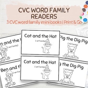 以下が含まれることがあります： CVC単語ファミリーリーダーの教育資料。画像には、帽子をかぶった猫と豚のイラストが描かれたミニブックがいくつか表示されています。「Cat and the Hat」と「Pig the Dig Pig」のテキストが含まれています。これらの本は印刷してすぐに使用できるように設計されています。