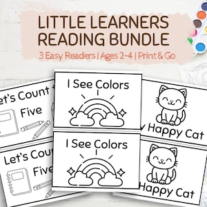 May include: A bundle of children's reading materials with the text "Little Learners Reading Bundle". The bundle includes three easy readers for ages 2-4. The book covers feature illustrations of a rainbow, a cat, and counting objects.