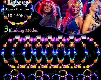 10–300 PCS LED Flower Crown Headbands, Light Up Glowing Flower Garland, Glow Party Favors for Wedding and Events