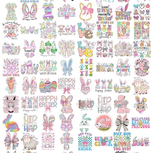 May include: A collection of colorful Easter-themed designs, including bunnies, bows, and text like "Happy Easter" and "Teacher Bunny." The designs feature pastel colors and various patterns, suitable for crafting or sublimation projects.