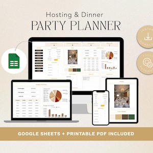 Puede incluir: Un planificador de fiestas digital que se muestra en una computadora portátil, tableta, teléfono inteligente y computadora de escritorio. El planificador presenta gráficos y una paleta de colores. El texto dice "Hosting & Dinner PARTY PLANNER" y "GOOGLE SHEETS + PRINTABLE PDF INCLUDED."