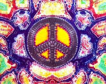 54"x56" Tie Dye Peace Sign Tapestry with loops in the corners for hanging