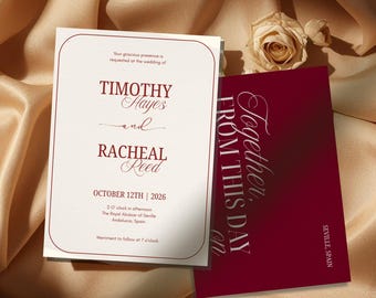 Old Money Wedding Invitation Suite Template, Elegant Red Invitation Bundle, Minimalistic Wedding RSVP, Details Card, Canva Editable