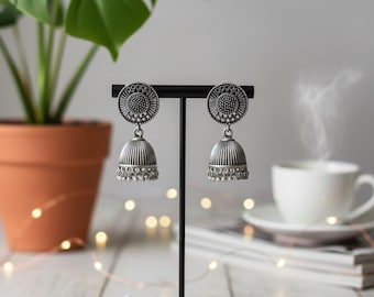 Handcrafted Oxidized Silver Jhumka Earrings, Tribal Bohemian Bell Jewelry