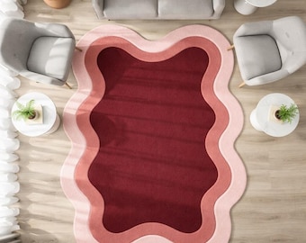 Hand-Tufted Wool Scalloped Rug, Burgundy Blush Pink Wavy Carpet