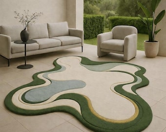 Modern Green Amoeba Wool Rug, Abstract Organic Shape
