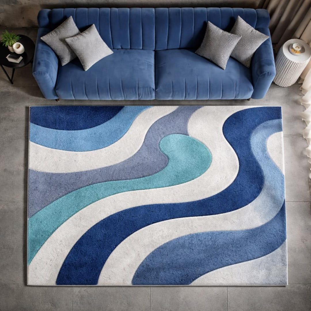 Blue Wavy Pattern Rug Modern Blue Wavy Area Rug, Abstract Ocean Swirl Hand-tufted Carpet, 3D ...