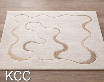 Tappeto ondulato 3D trapuntato a mano – Crema e beige, tappeto moderno organico, 5x8