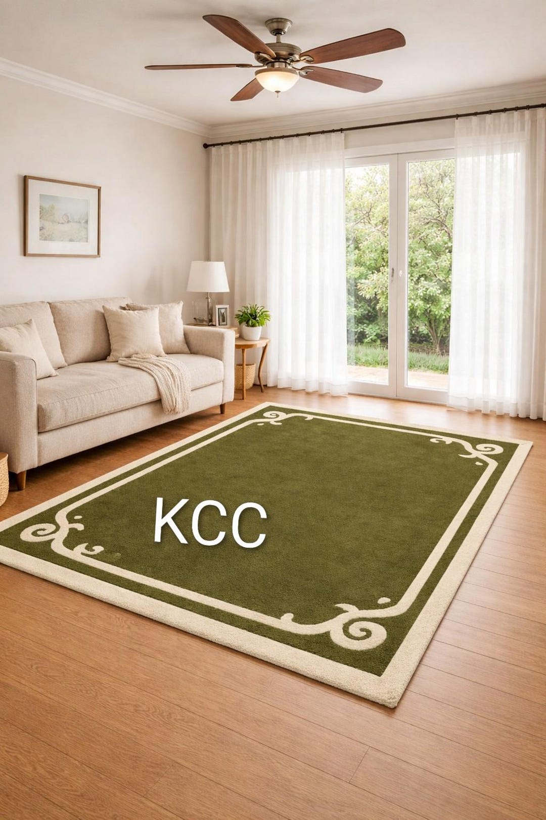 Hand-tufted Olive Green Wool Rug | Scalloped Border, Modern Area Carpet ...