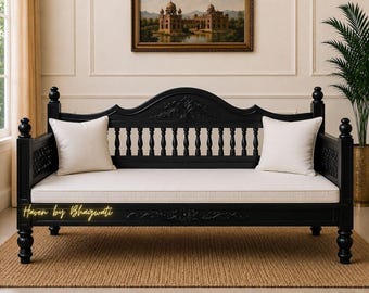 Black Maharaja Bench | Solid Wood Daybed Bench | Handcrafted Traditional Seating | Luxury Hallway & Entryway Bench