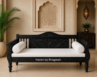 Banco cama de madera lacada en negro y tallada a mano, sofá de madera de teca con tallado floral, lujoso sofá banco indio, asientos para sala de estar.