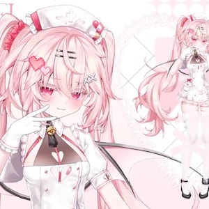May include: An anime-style illustration of a character with long pink hair styled in pigtails, wearing a white nurse outfit with heart accents. The character has pink eyes and a playful expression. The background is a soft pink.