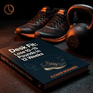 May include: A fitness-themed image featuring a book titled "Desk Fit: Lose 10-15 Pounds In 12 Weeks" with a shoe graphic. Black and orange athletic shoes and a black kettlebell are also in the image.