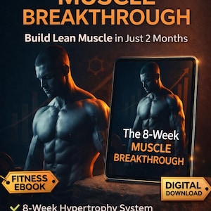 May include: An ebook cover titled "The 8-Week Muscle Breakthrough", promising to build lean muscle in two months. The image shows a muscular man and a tablet displaying the ebook. Includes "Fitness Ebook" and "Digital Download" labels.