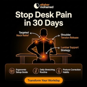 Può includere: Infografica con il testo "Stop Desk Pain in 30 Days". Evidenzia le aree di sollievo: collo, spalle e parte bassa della schiena. Il testo aggiuntivo include "Ergonomic Setup Guide", "Daily Stretching Routine" e "Posture Correction Habits".